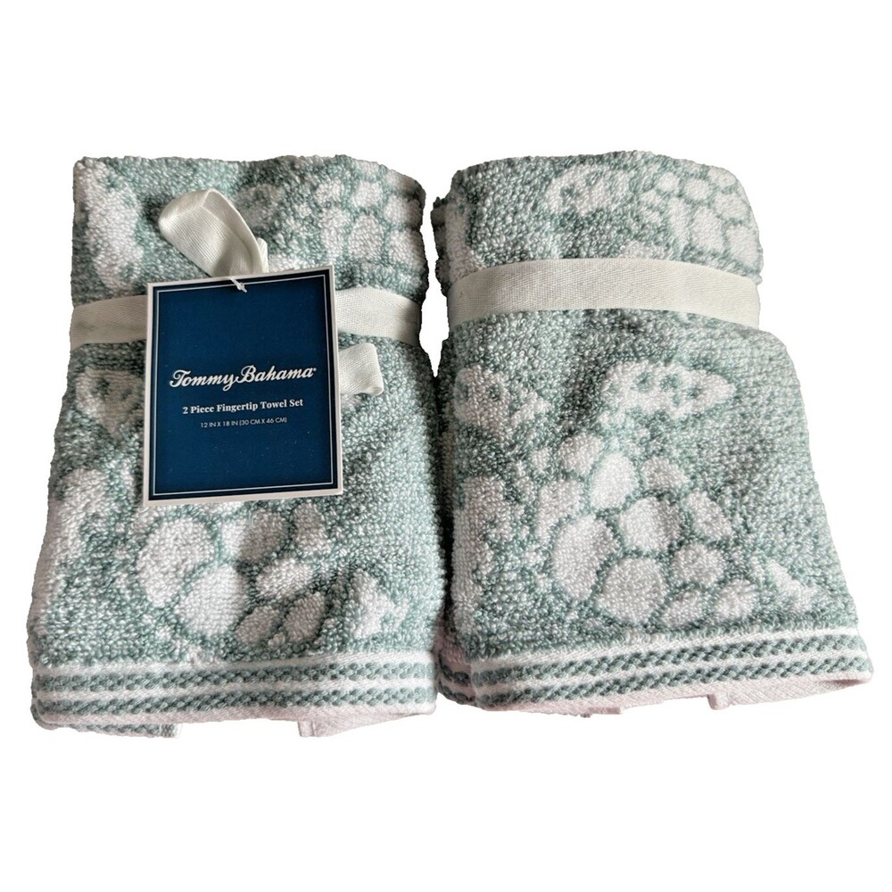 Tommy Bahama Fingertip Towels Set Of 2 Sea Turtle Bottle Green Cotton Blend